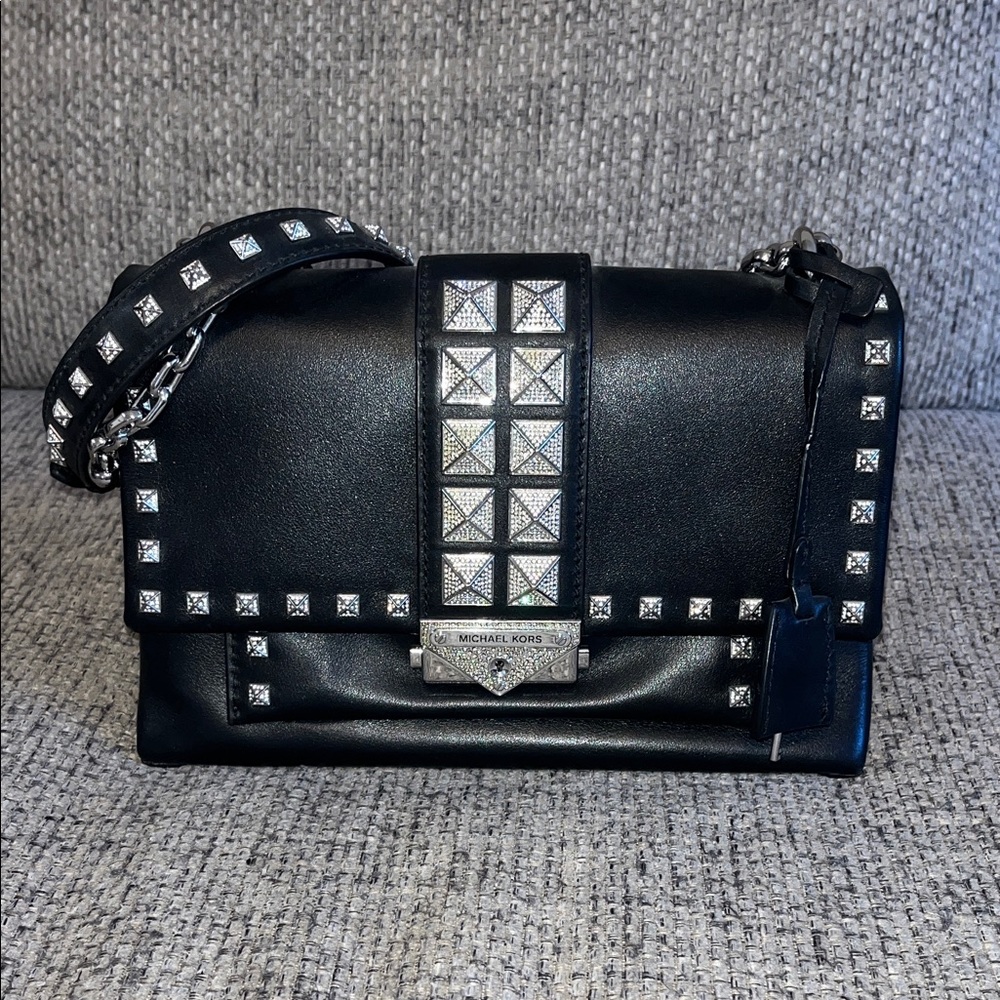 Michael Kors Black Leather Shoulder Bag with Silver Stud Accents